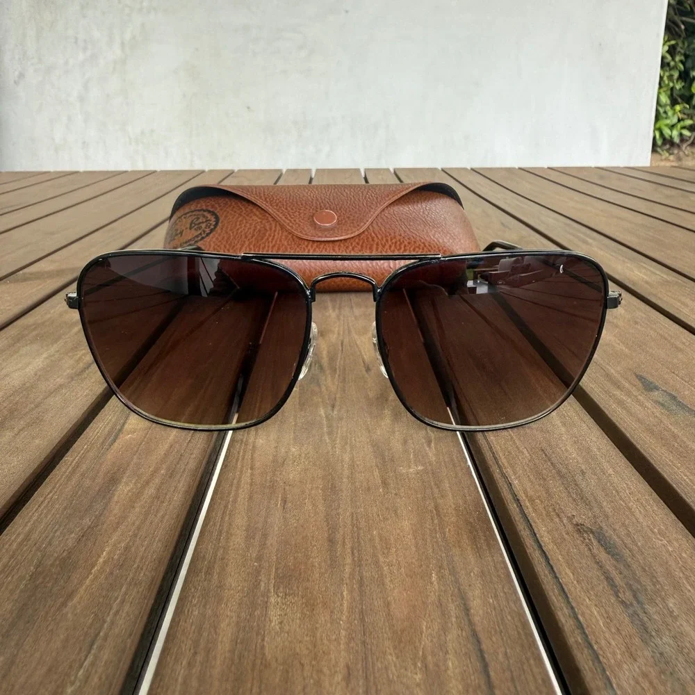 Ray-Ban Mens Aviator Sunglasses Black Metal Frame Brown Glass Visual Scene